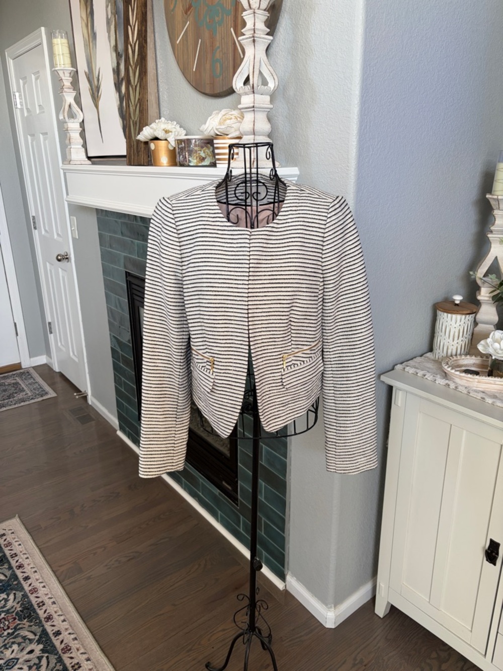 LOFT Navy and White Striped Cropped Blazer